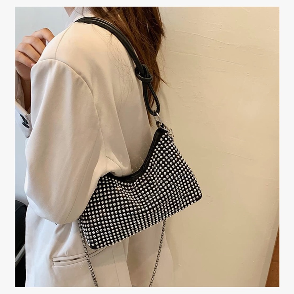 Black Studded Shoulder Bag with Detachable Chain Strap – Y2K Inspired